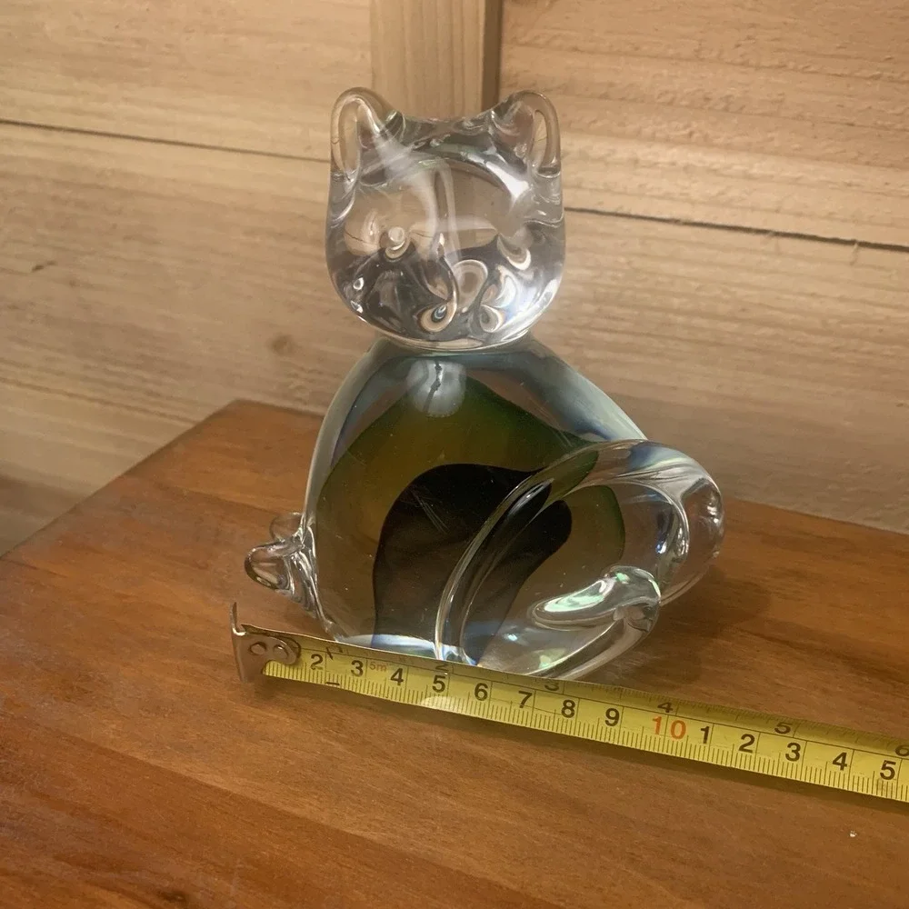 Pier‎ 1 Art Glass Cat Kitten Figurine w Clear Blue Green Hand-blown Paperweight